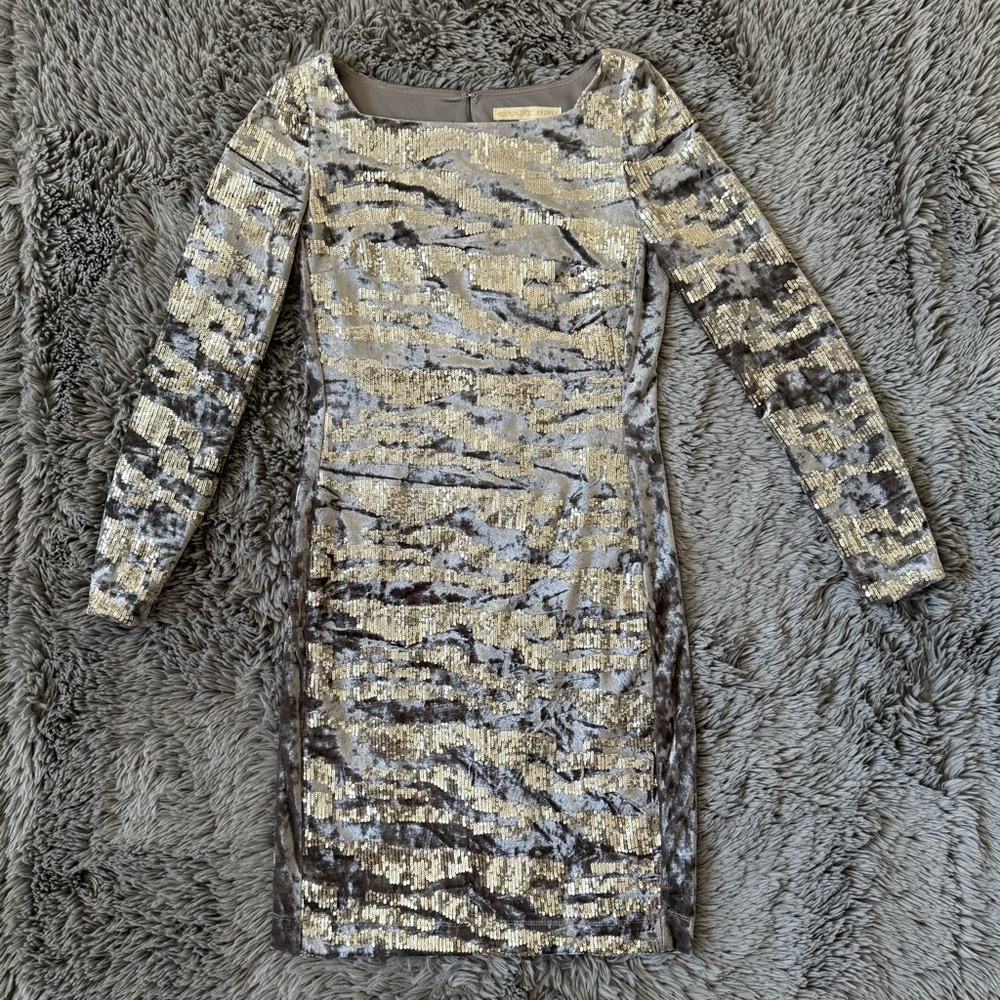 Boston Proper Pewter Gray and Gold Sequin Zebra Striped Dress Size 4